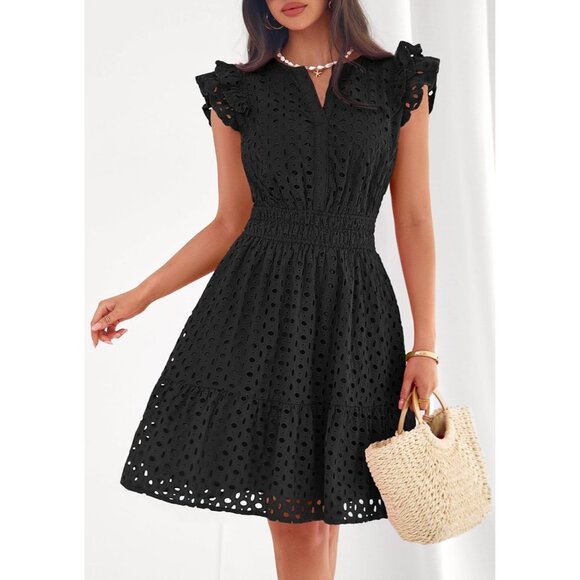 Women's Black V Neck Eyelet Cap Sleeve Summer Beach Vacation Sundresses - Picture 8 of 8